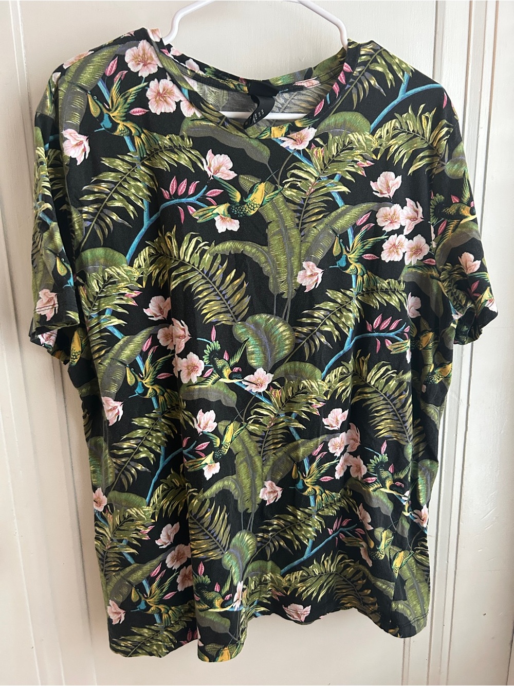 H&M Black Short Sleeve Shirt with Green & Pink Tropical Print